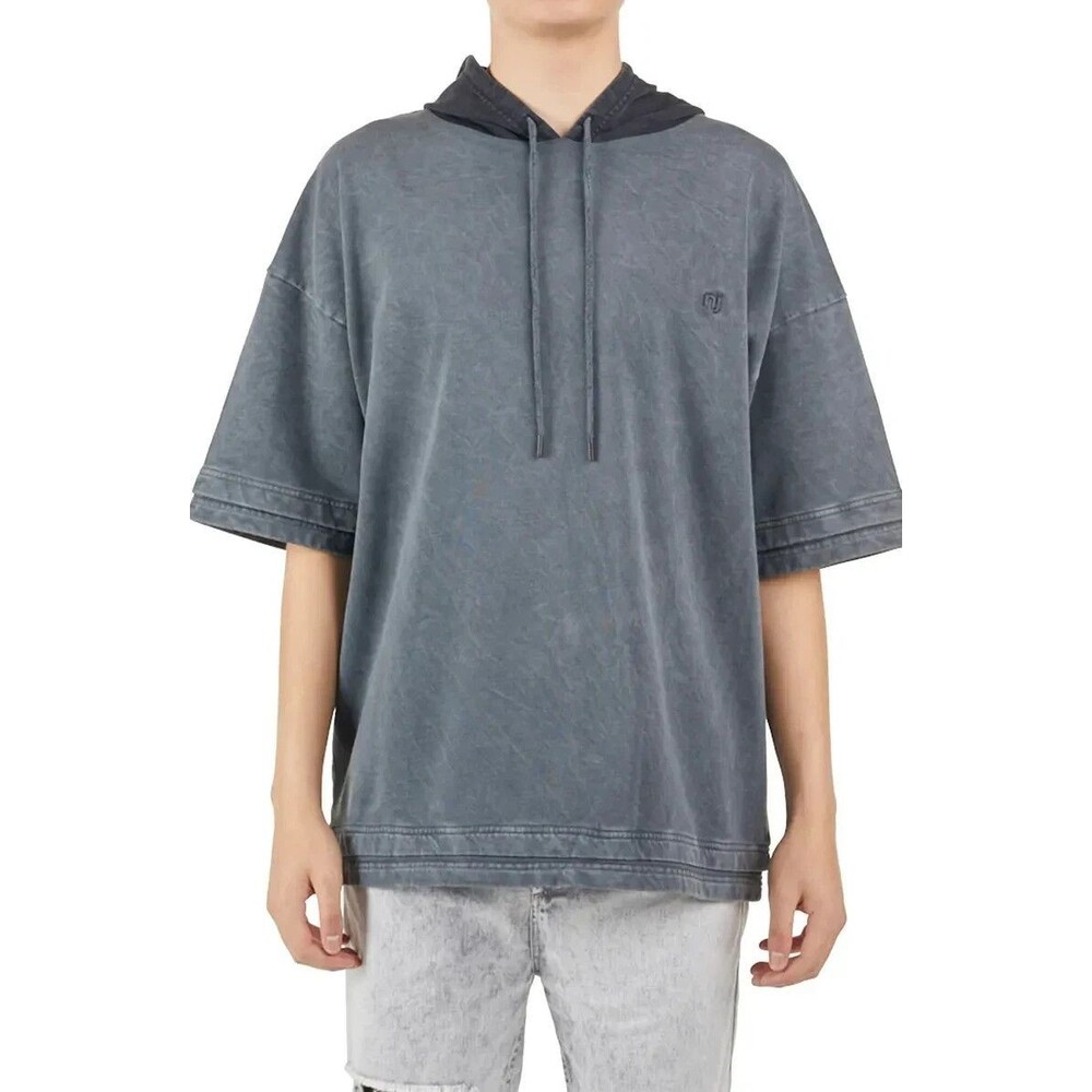 NANA JUDY Mens Grey Crest Cotton Terry Short Sleeve Hoodie Sweatshirt Sz L NWT